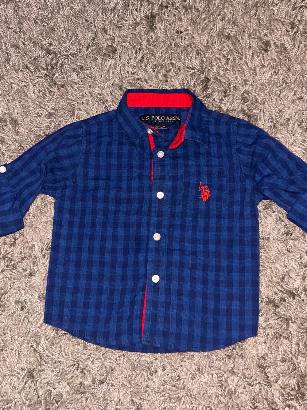U.S. Polo Assn. Navy Blue Checked Button-Down Shirt with Red Logo